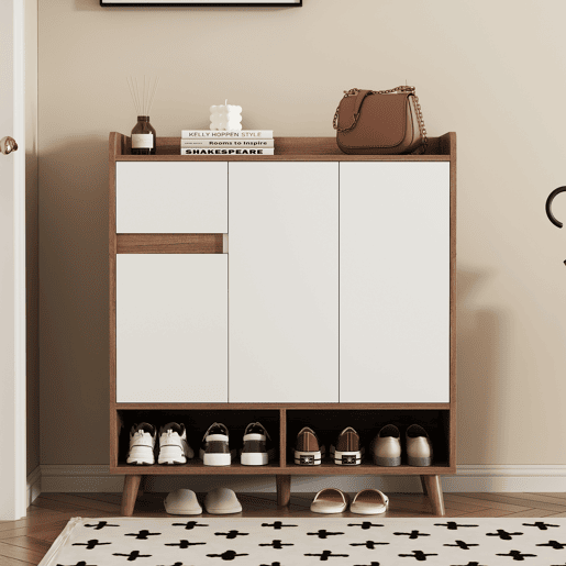 Sapateira com prateleiras ajustáveis - Organizador minimalista com pés em madeira maciça - 99x90x35 cm - Branco + Natural