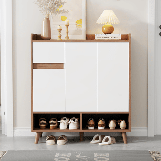 Sapateira com prateleiras ajustáveis - Organizador minimalista com pés em madeira maciça - 99x90x35 cm - Branco + Natural