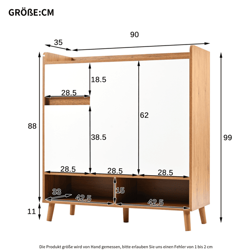 Sapateira com prateleiras ajustáveis - Organizador minimalista com pés em madeira maciça - 99x90x35 cm - Branco + Natural