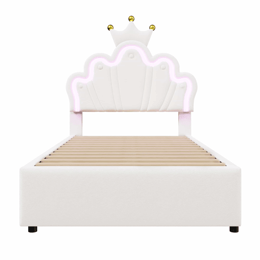 Cama estofada 90x200 cm - luz LED, 2 gavetas, cabeceira ajustável - branca