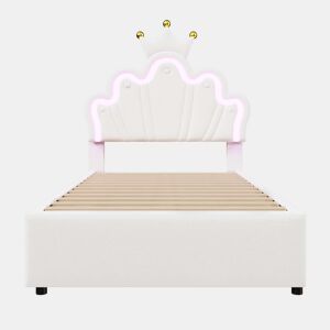 Cama estofada 90x200 cm - luz LED, 2 gavetas, cabeceira ajustável - branca
