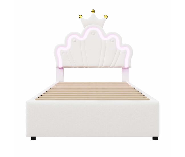 Cama tapizada 90x200 cm - luz led, 2 cajones, cabecero ajustable - blanca