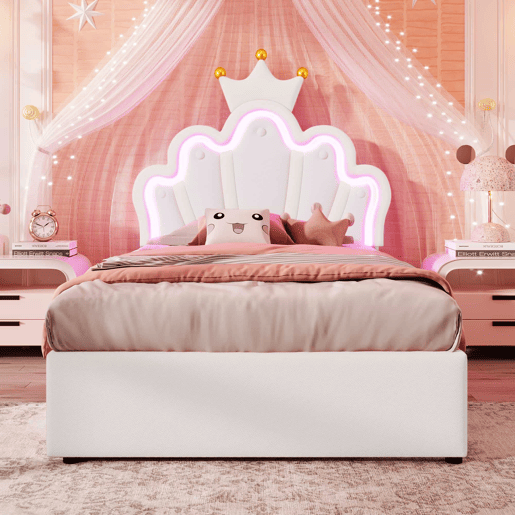 Cama estofada 90x200 cm - luz LED, 2 gavetas, cabeceira ajustável - branca