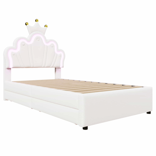 Cama estofada 90x200 cm - luz LED, 2 gavetas, cabeceira ajustável - branca