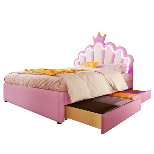 Cama de criança estofada 140x200 cm - com LED e 2 gavetas - Rosa