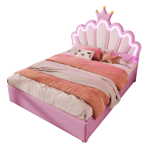 Cama de criança estofada 140x200 cm - com LED e 2 gavetas - Rosa