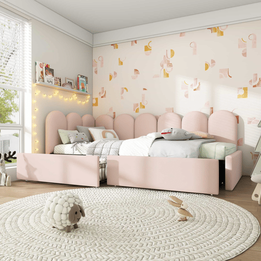 Sofá-cama com 2 gavetas - tecido aveludado - 90x190 cm - com estrado de molas - Rosa
