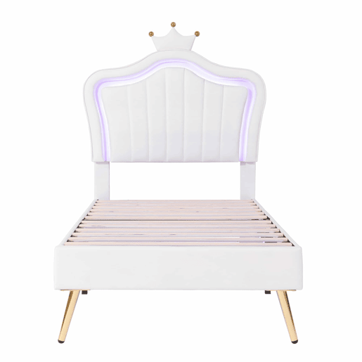 Cama de criança 90x200cm em pele sintética com LED + cabeceira regulável + estrado - Branco Cama de criança 90x200cm em pele sintética com LED + cabeceira regulável + estrado - Branco