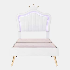 Cama de criança 90x200cm em pele sintética com LED + cabeceira regulável + estrado - Branco