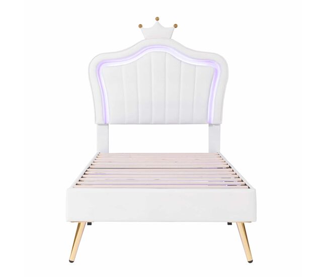 Cama infantil 90x200cm en símil piel con led + cabecero regulable + somier - blanco