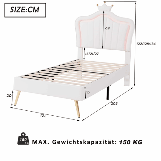Cama de criança 90x200cm em pele sintética com LED + cabeceira regulável + estrado - Branco Cama de criança 90x200cm em pele sintética com LED + cabeceira regulável + estrado - Branco