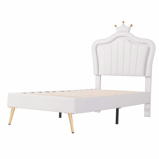 Cama de criança 90x200cm em pele sintética com LED + cabeceira regulável + estrado - Branco Cama de criança 90x200cm em pele sintética com LED + cabeceira regulável + estrado - Branco