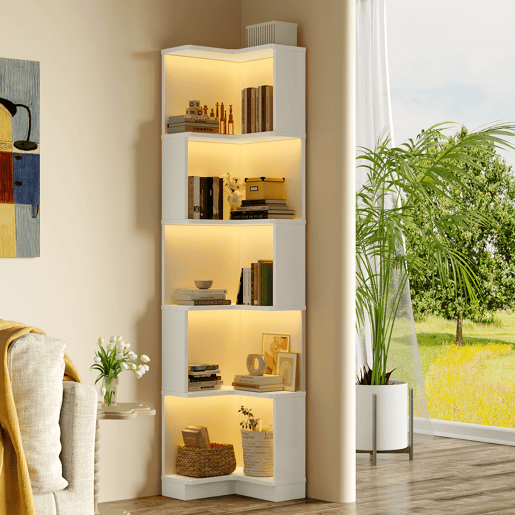 Estante de canto 63,5 x 45 x 175 cm - Estante multifuncional, luz LED, controlo remoto, 5 prateleiras - Branco