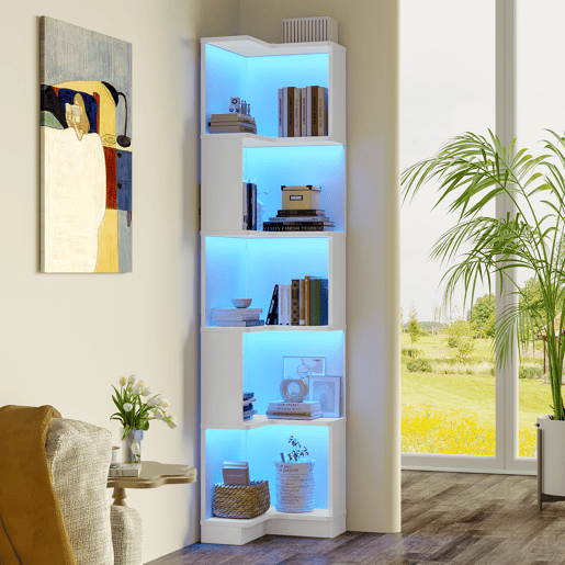 Estante de canto 63,5 x 45 x 175 cm - Estante multifuncional, luz LED, controlo remoto, 5 prateleiras - Branco