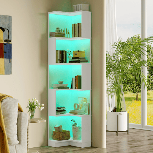 Estante de canto 63,5 x 45 x 175 cm - Estante multifuncional, luz LED, controlo remoto, 5 prateleiras - Branco