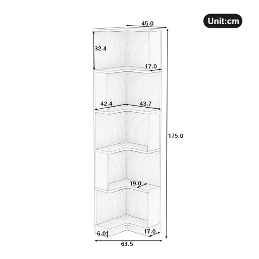 Estante de canto 63,5 x 45 x 175 cm - Estante multifuncional, luz LED, controlo remoto, 5 prateleiras - Branco
