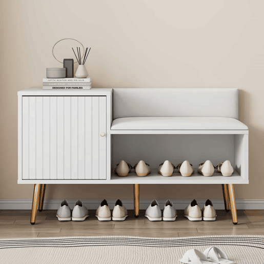 Sapateira - com banco e 2 compartimentos - com pegas e pés metálicos - estilo moderno - Branco
