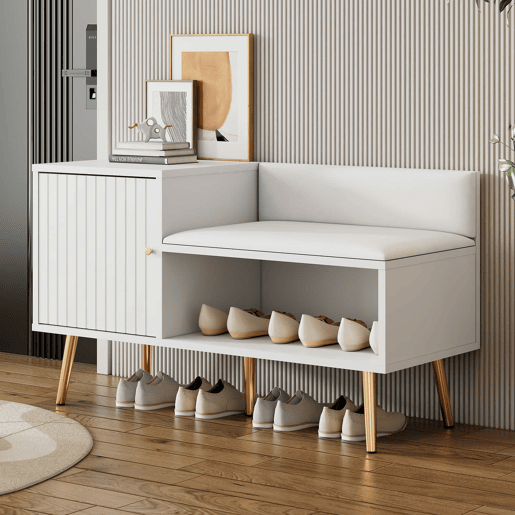 Sapateira - com banco e 2 compartimentos - com pegas e pés metálicos - estilo moderno - Branco