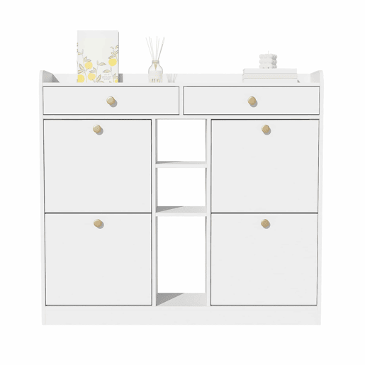 Armário para sapatos branco 110x26x100 cm - 4 portas, 2 gavetas, 3 compartimentos abertos Armário para sapatos branco 110x26x100 cm - 4 portas, 2 gavetas, 3 compartimentos abertos