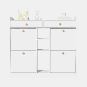 Armário para sapatos branco 110x26x100 cm - 4 portas, 2 gavetas, 3 compartimentos abertos