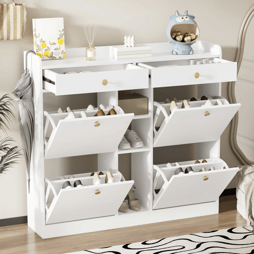 Armário para sapatos branco 110x26x100 cm - 4 portas, 2 gavetas, 3 compartimentos abertos Armário para sapatos branco 110x26x100 cm - 4 portas, 2 gavetas, 3 compartimentos abertos