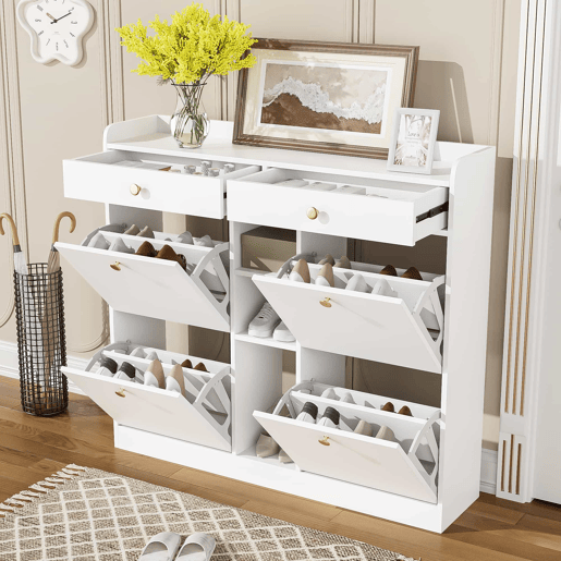 Armário para sapatos branco 110x26x100 cm - 4 portas, 2 gavetas, 3 compartimentos abertos Armário para sapatos branco 110x26x100 cm - 4 portas, 2 gavetas, 3 compartimentos abertos