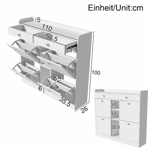 Armário para sapatos branco 110x26x100 cm - 4 portas, 2 gavetas, 3 compartimentos abertos Armário para sapatos branco 110x26x100 cm - 4 portas, 2 gavetas, 3 compartimentos abertos