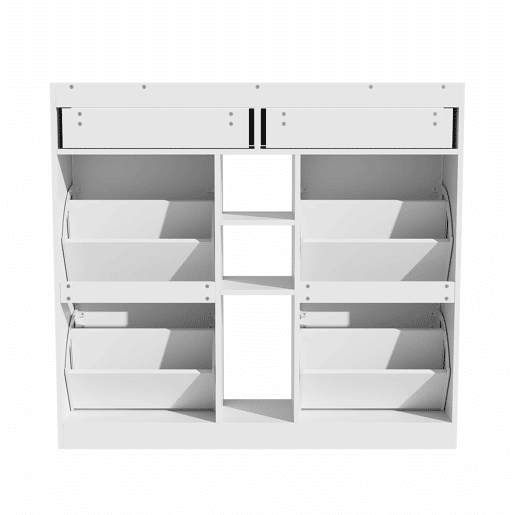 Armário para sapatos branco 110x26x100 cm - 4 portas, 2 gavetas, 3 compartimentos abertos Armário para sapatos branco 110x26x100 cm - 4 portas, 2 gavetas, 3 compartimentos abertos