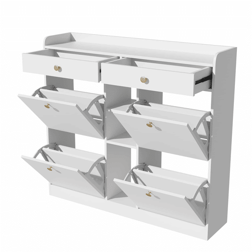 Armário para sapatos branco 110x26x100 cm - 4 portas, 2 gavetas, 3 compartimentos abertos Armário para sapatos branco 110x26x100 cm - 4 portas, 2 gavetas, 3 compartimentos abertos