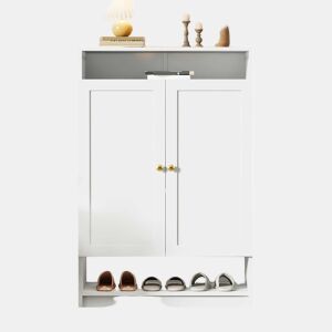 Sapateira moderna 73x34x109 cm - com prateleiras ajustáveis, 2 portas, puxadores dourados - branca
