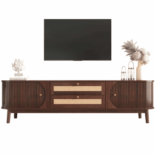 Suporte para TV em madeira maciça e rotim 170 cm - 2 gavetas e 2 portas - estilo rústico - castanho