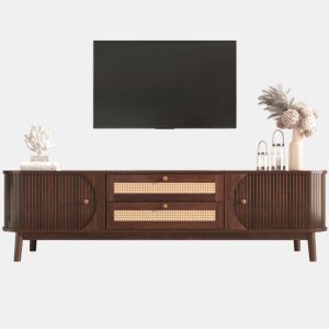 Suporte para TV em madeira maciça e rotim 170 cm - 2 gavetas e 2 portas - estilo rústico - castanho