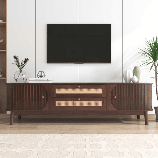 Suporte para TV em madeira maciça e rotim 170 cm - 2 gavetas e 2 portas - estilo rústico - castanho