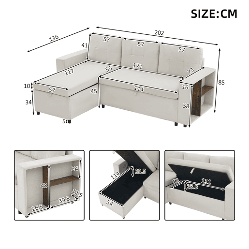Chaise longue 3 lugares fixa reversível de tecido com armazenamento,bege