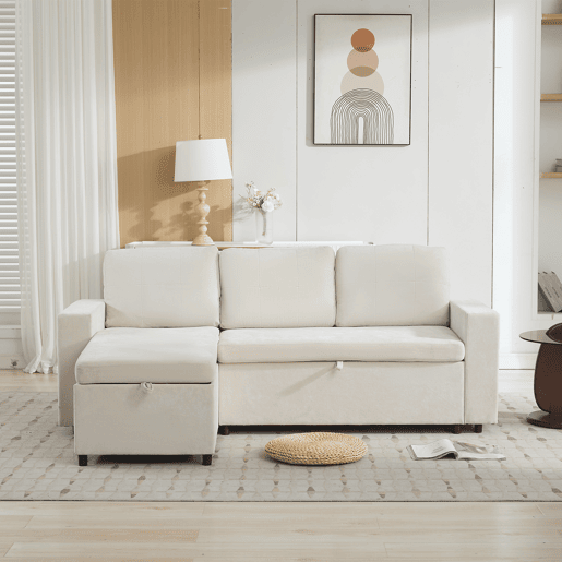 Chaise longue 3 lugares fixa reversível de tecido com armazenamento,bege