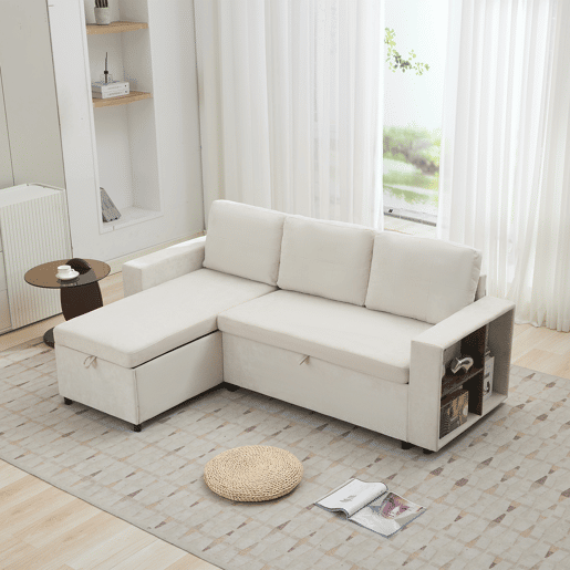 Chaise longue 3 lugares fixa reversível de tecido com armazenamento,bege