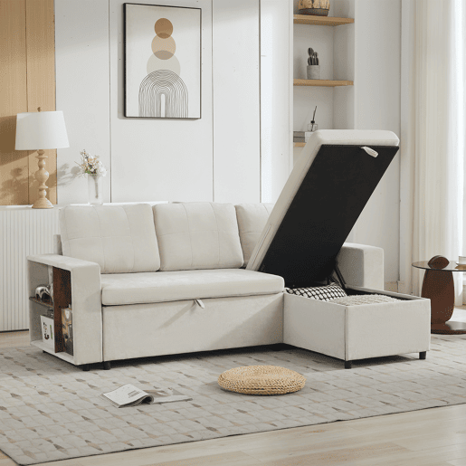 Chaise longue 3 lugares fixa reversível de tecido com armazenamento,bege