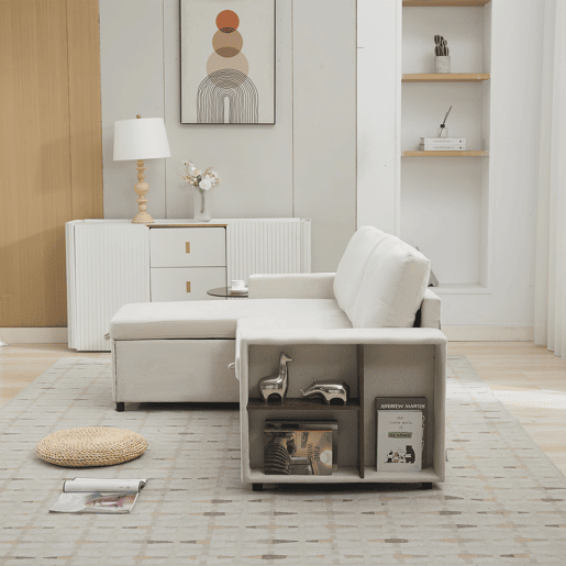 Chaise longue 3 lugares fixa reversível de tecido com armazenamento,bege