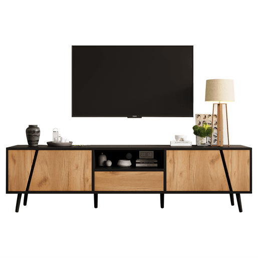 Móvel de TV 180x40x46 cm - Com gavetas e 2 armários - Minimalista com 6 pés de madeira maciça Móvel de TV 180x40x46 cm - Com gavetas e 2 armários - Minimalista com 6 pés de madeira maciça