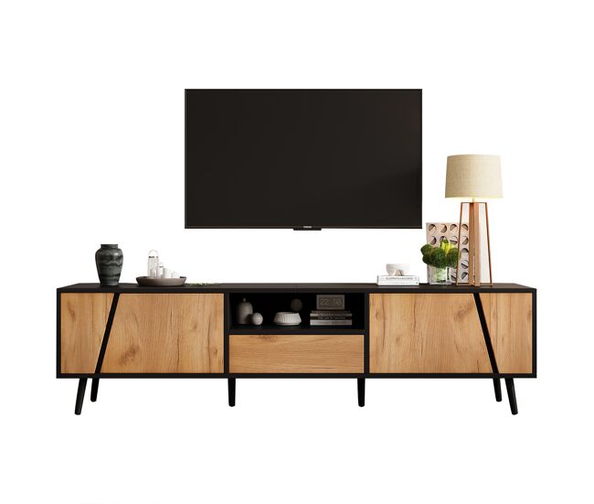 Mueble de tv 180x40x46 cm - con cajones y 2 armarios - minimalista con 6 patas de madera maciza