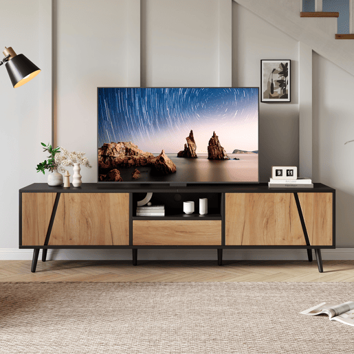 Móvel de TV 180x40x46 cm - Com gavetas e 2 armários - Minimalista com 6 pés de madeira maciça Móvel de TV 180x40x46 cm - Com gavetas e 2 armários - Minimalista com 6 pés de madeira maciça