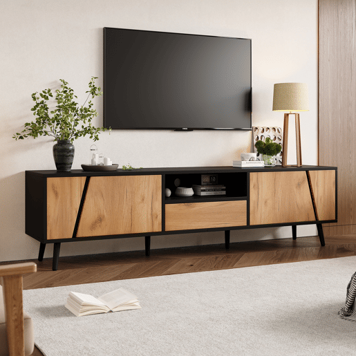 Móvel de TV 180x40x46 cm - Com gavetas e 2 armários - Minimalista com 6 pés de madeira maciça Móvel de TV 180x40x46 cm - Com gavetas e 2 armários - Minimalista com 6 pés de madeira maciça