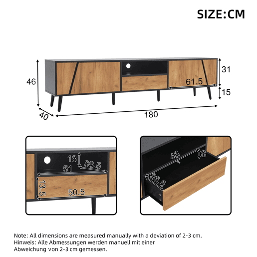 Móvel de TV 180x40x46 cm - Com gavetas e 2 armários - Minimalista com 6 pés de madeira maciça Móvel de TV 180x40x46 cm - Com gavetas e 2 armários - Minimalista com 6 pés de madeira maciça