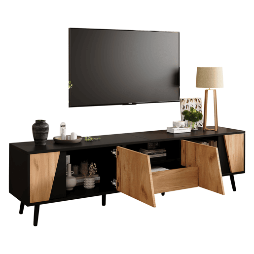 Móvel de TV 180x40x46 cm - Com gavetas e 2 armários - Minimalista com 6 pés de madeira maciça Móvel de TV 180x40x46 cm - Com gavetas e 2 armários - Minimalista com 6 pés de madeira maciça