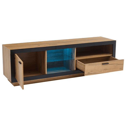 Móvel para TV LED 706555 - Centro de entretenimento moderno com prateleiras de vidro - Preto + Carvalho