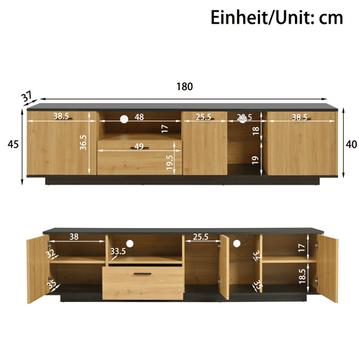 Móvel de TV 15 LED - 1 gaveta, 3 portas, 2 prateleiras abertas, estrutura fina - Preto Móvel de TV 15 LED - 1 gaveta, 3 portas, 2 prateleiras abertas, estrutura fina - Preto
