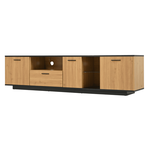 Móvel de TV 15 LED - 1 gaveta, 3 portas, 2 prateleiras abertas, estrutura fina - Preto Móvel de TV 15 LED - 1 gaveta, 3 portas, 2 prateleiras abertas, estrutura fina - Preto