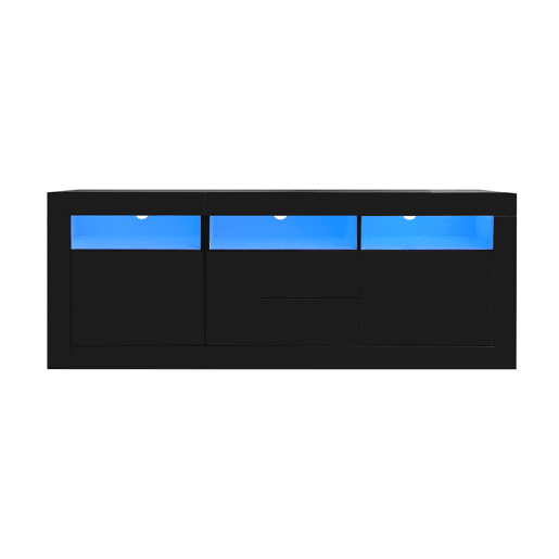 Móvel TV 160 cm adequado para TV de 70u201D - com LED - 2 portas 2 gavetas 3 compartimentos abertos - Preto