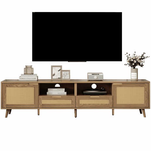 Suporte para TV 200x37x49 cm - Design em rattan, pés em madeira maciça - Cor natural Suporte para TV 200x37x49 cm - Design em rattan, pés em madeira maciça - Cor natural