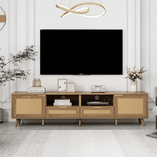 Suporte para TV 200x37x49 cm - Design em rattan, pés em madeira maciça - Cor natural Suporte para TV 200x37x49 cm - Design em rattan, pés em madeira maciça - Cor natural